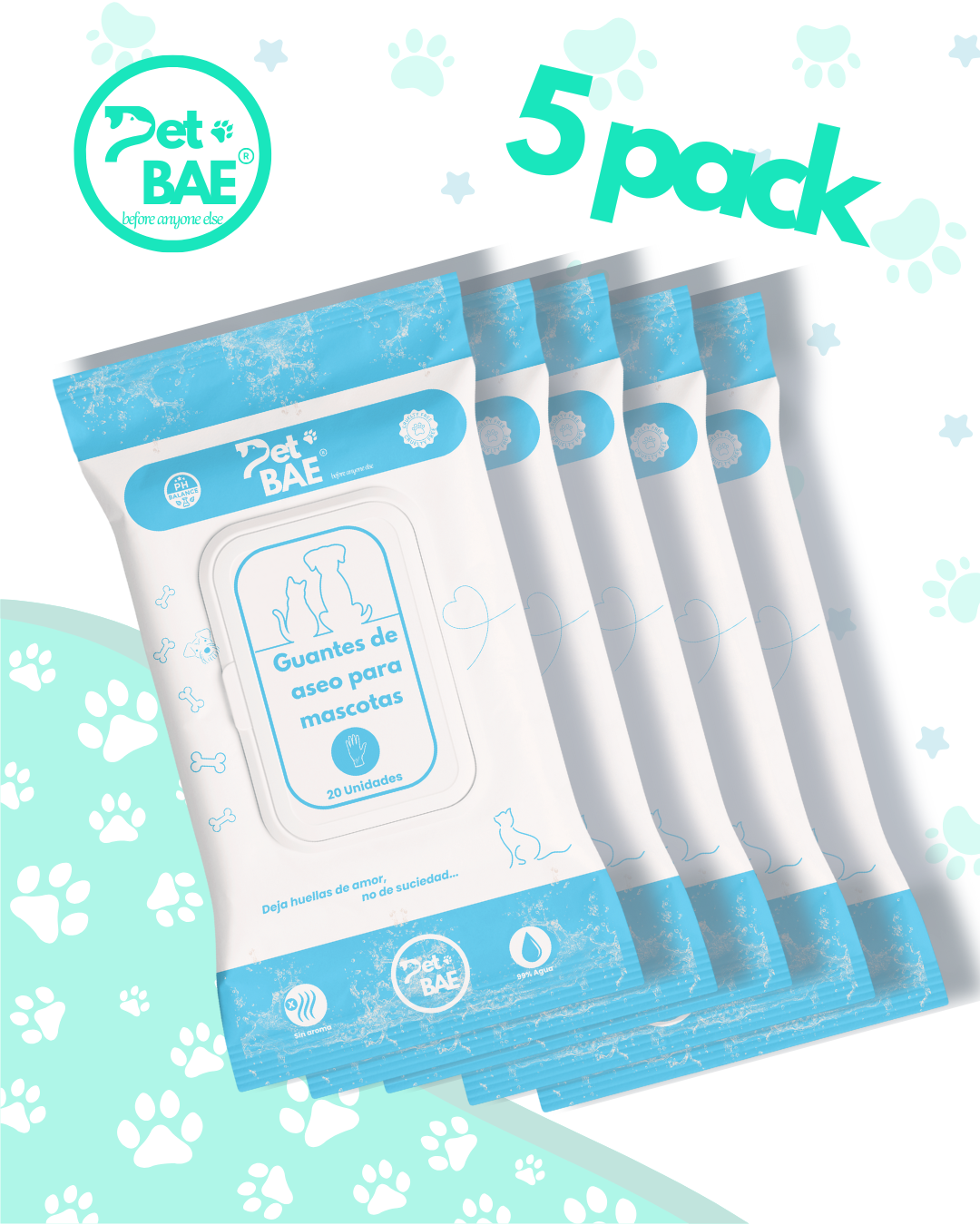 Guantes desechables 99% agua 100 unidades Pet BAE para perros y gatos higiene mascotas pet glove wipe