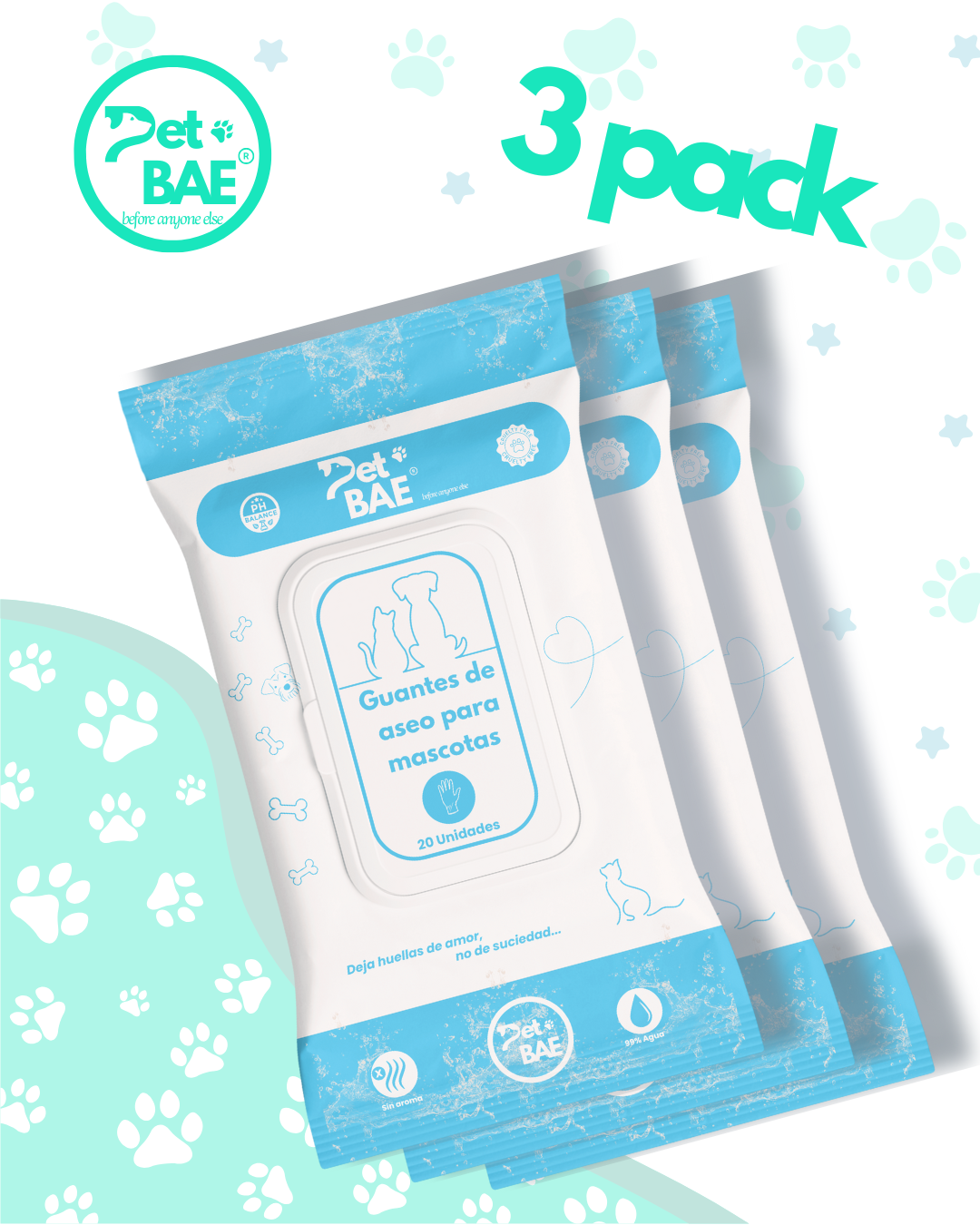 Guantes desechables 99% agua 60 unidades Pet BAE para perros y gatos higiene mascotas pet glove wipe