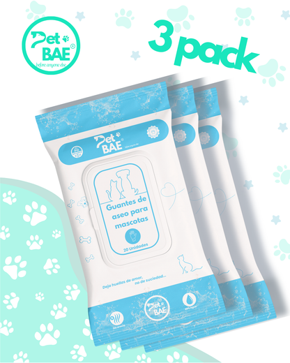 Guantes desechables 99% agua 60 unidades Pet BAE para perros y gatos higiene mascotas pet glove wipe