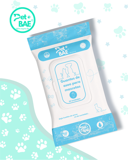 Guantes hipoalergénicos 99% agua 20 unidades Pet BAE para perros y gatos higiene mascotas pet glove wipe