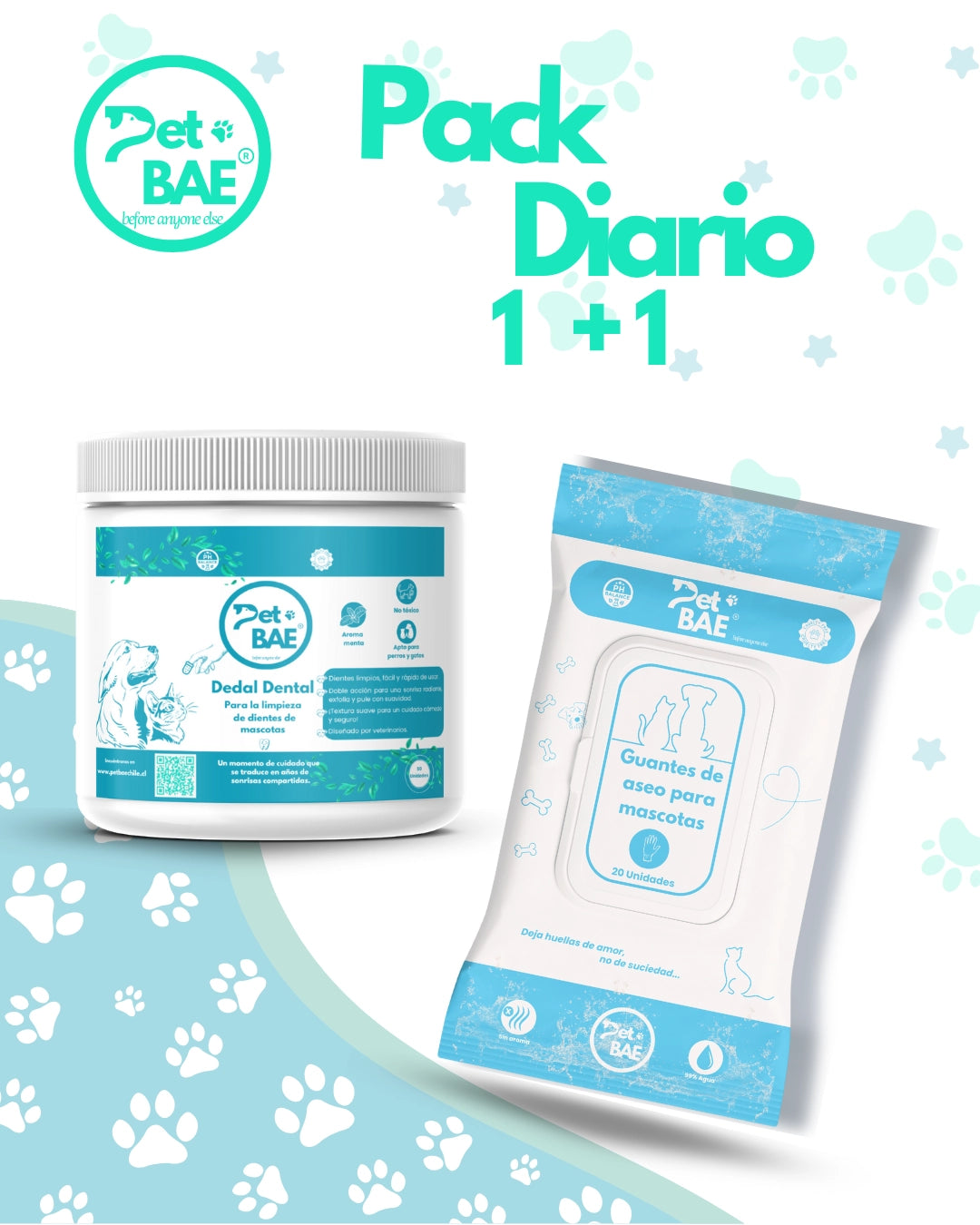 Pack 1+1 Pet BAE: 1 barril de dedales (50 u.) + 1 pack de guantes (20 u.), 99% agua perro gato higiene mascotas dental wipes pet glove wipe
