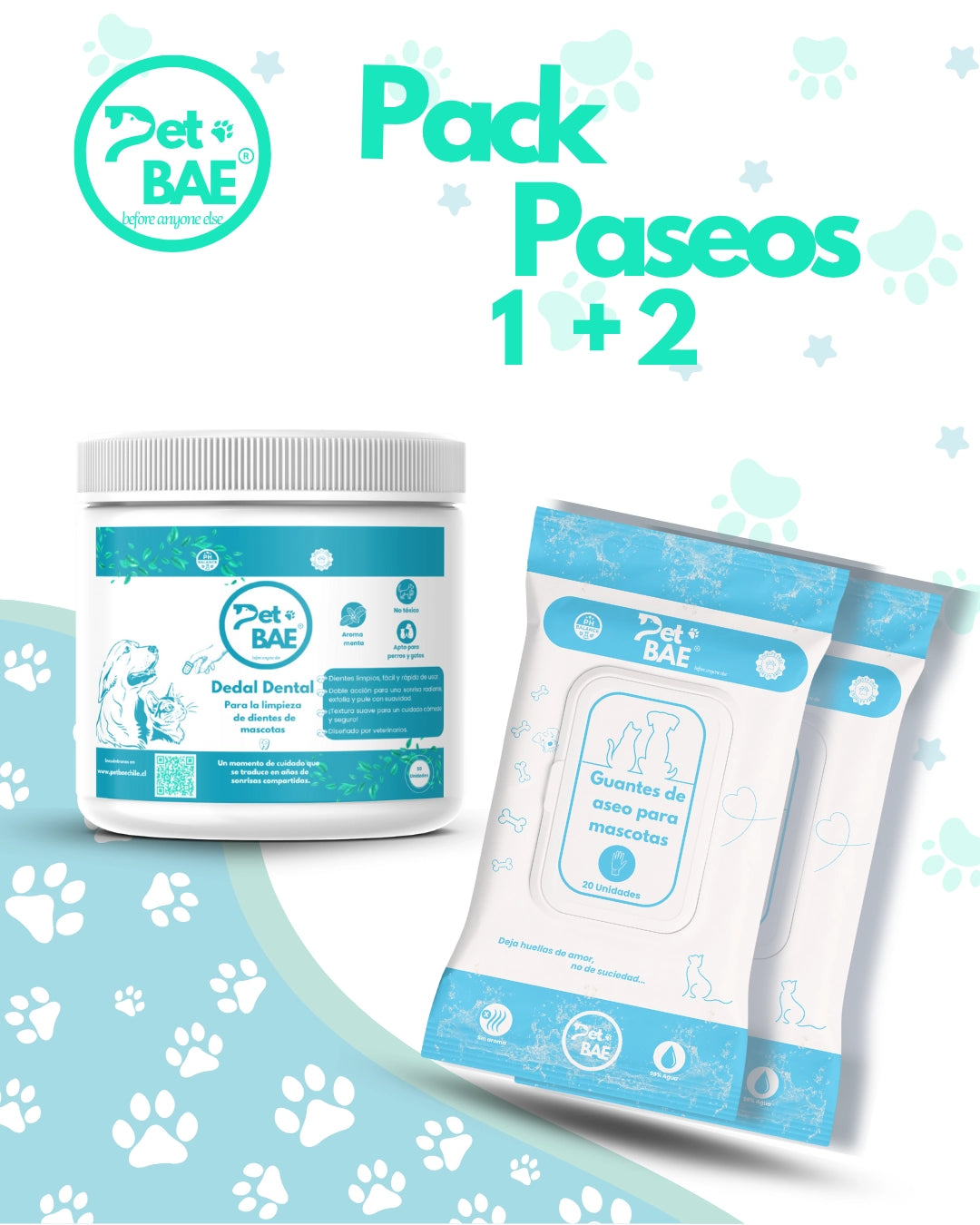 Pack Paseos: 1 barril dental + 2 guantes Pet BAE para mascotas perro y gato higiene mascotas dental wipes pet glove wipe