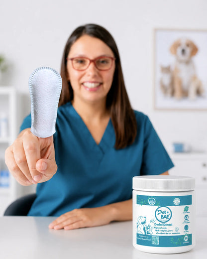 Veterinaria Karen Vargas recomienda dedales dentales Pet BAE para limpiar dientes de perros y gatos sin cepillo — higiene dental Chile
